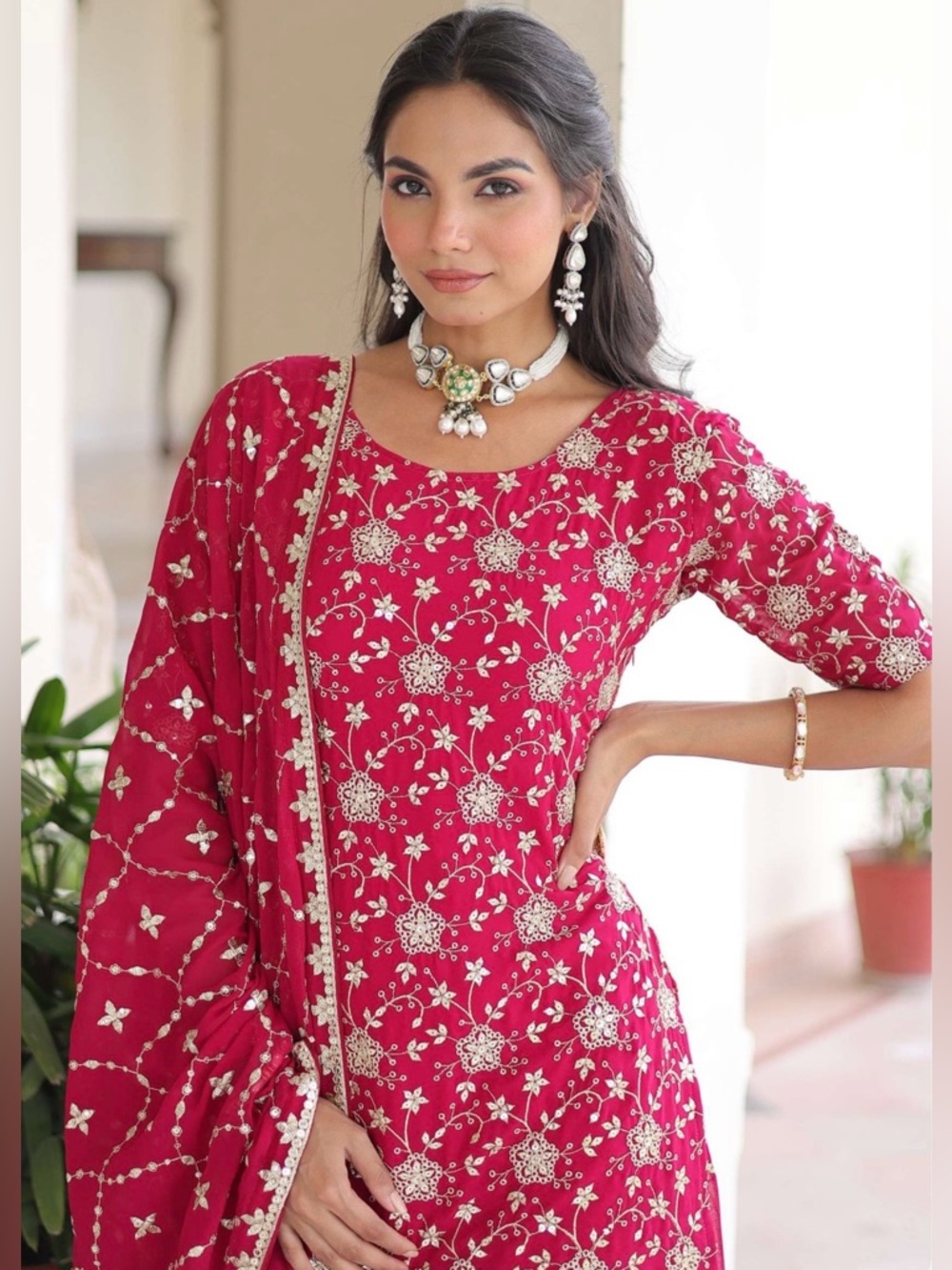 DESIGNER READYMADE TOP-SHARARA-DUPATTA COLLECTION Elegant RedFloral Embroidered.